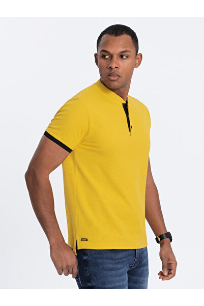 OMBRE Pánské polo tričko bez límečku - žluté V9 OM-TSCT-0156 XXL