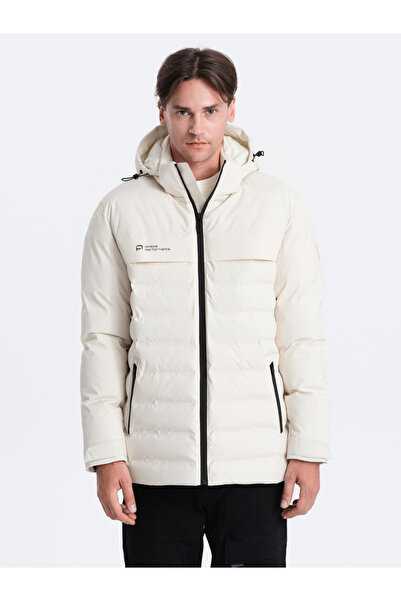 OMBRE Men's winter jacket with detachable hood - cream V2 OM-JAHP-0150