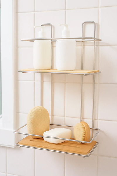 OEM Etajera cu 2 rafturi din Bambus - Inox, 36.5x 25 cm