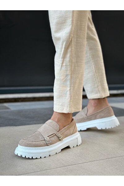 pabucmarketi Laceless Double Buckle Men's Casual Shoes Cream Suede (White Sole)