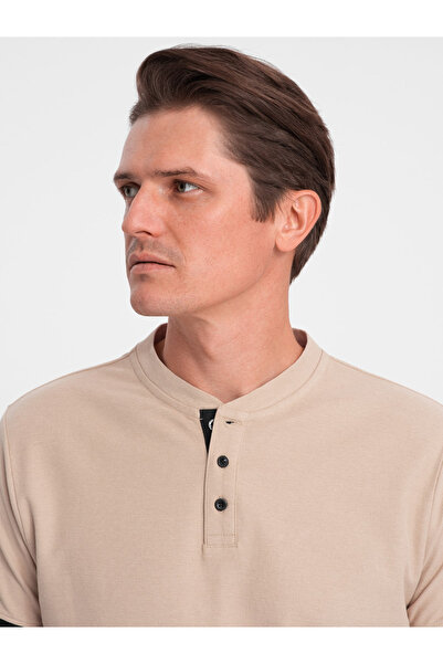 OMBRE Pánská polokošile bez límečku - béžová V5 OM-TSCT-0156 L