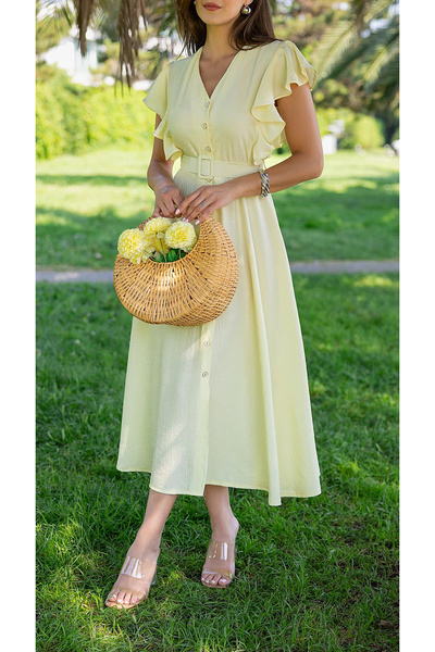 studio fashion 1988 Women's Yellow Flounce Belted V-Neck Midi Shirt Dress