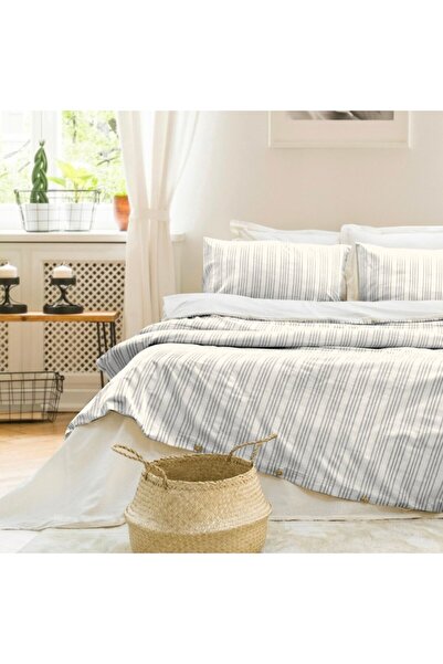 Şaheser Cotton bed linen with woven stripes, Notta Ecru/Anthracite