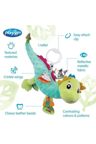 Playgro Jucarie pentru bebelusi-Model Dragon cu inel de fixare pentru carucior