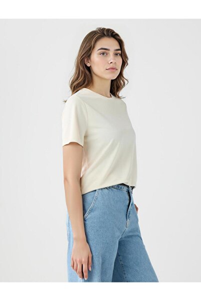 Jimmy Key Ekru Bisiklet Yaka Kısa Kollu Modal Örme Tişört