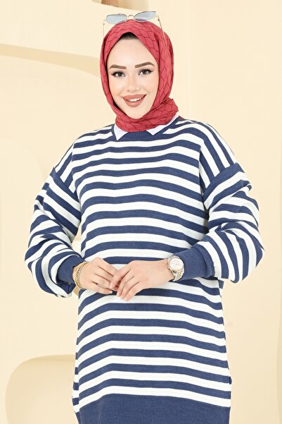ModaMerve Çizgi Detay Triko Tunik 6005KL398-MS İndigo