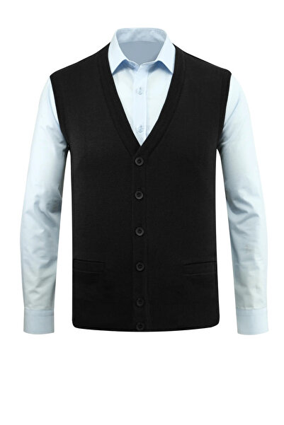 Çizgi Triko Men's Plus Size Buttoned Vest Knitwear with Pockets Steel Knit Classic Fit - 5200lb
