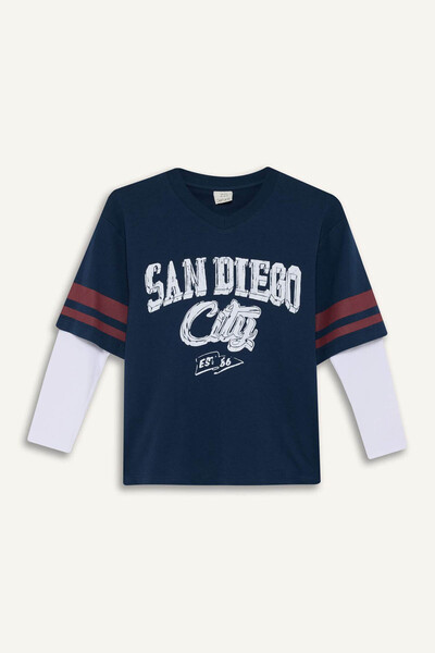 DeFacto Oversize Geniş Kalıp V Yaka Baskılı Lacivert Erkek Çocuk Uzun Kollu T...