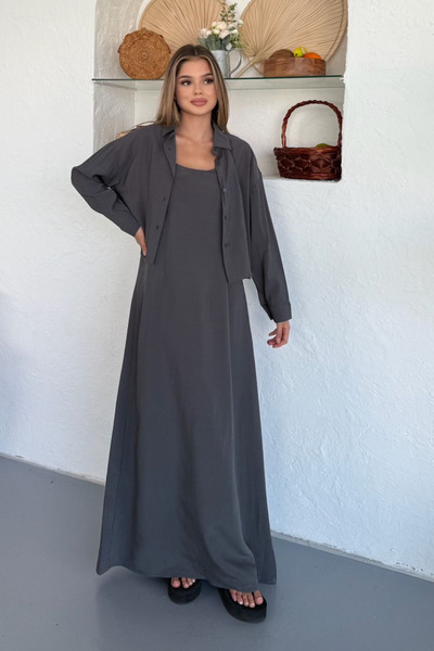 adba style Kadın Lyocell Dokuma Ayarlanabilir Askılı Bolerolu Elbise Takım 4046