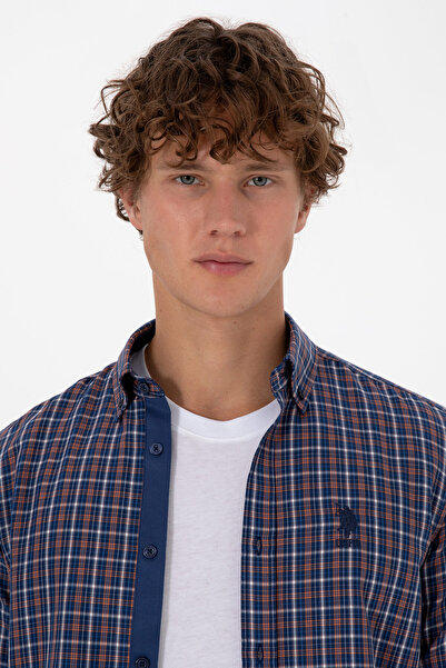 U.S. Polo Assn. Men's Copper Plaid Long Sleeve Navy Blue Shirt 50316631-Vr182