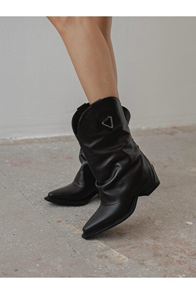 ECENİN BUTİĞİ Karla Siyah Hakiki Deri Kadın Bot