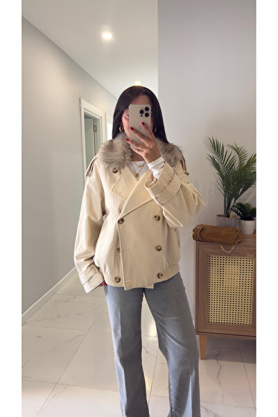 BİRCANÇİL Elisa Krem Yakası Kürk Detaylı Trençkot