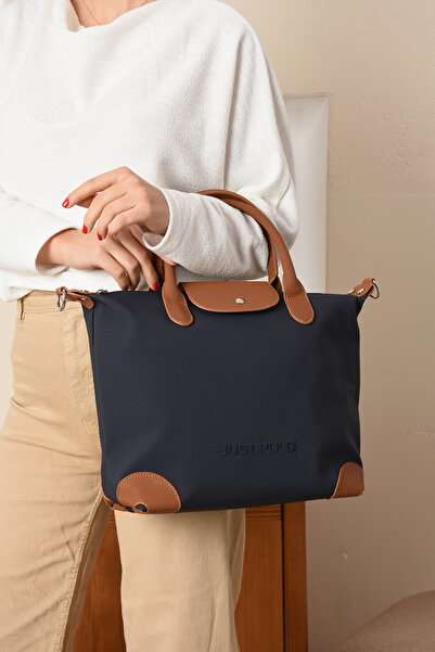 Just Polo Women's Large Size Sports Model Suitcase Size Long Strap Hand & Shoulder Bag Navy Blue Tan 1106
