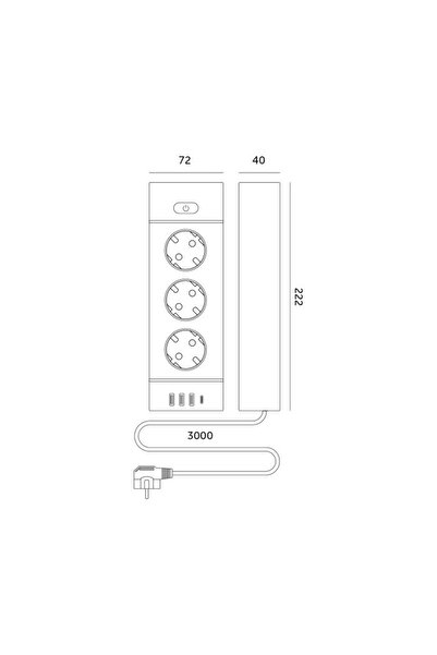 Kobi Extension cord LINEA PRO XC, with switch, 3 sockets, 3m, 3xUSB A, 1xUSB-C, 3250W, white