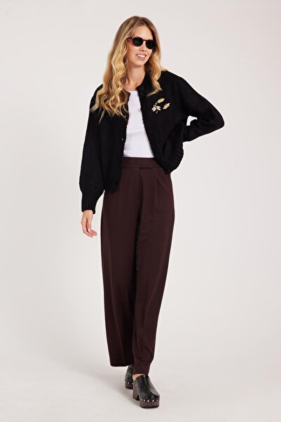 Tudors Kadın Regular Fit Klasik Kesim Cırt Kapamalı Geniş Paça Kahverengi Pantolon