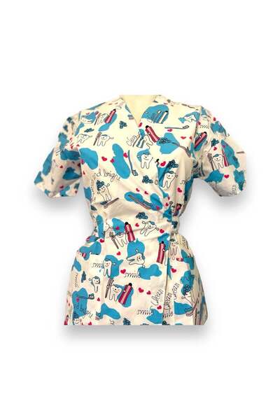 DEMOTEKS Medical Kimono Blouse, White with Print, Women - Dentist Medical Uniform Model