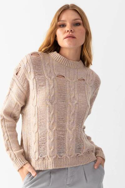 Noi Belis Pulover tricotat cu decolteu rotund cu detalii tricotate AW25KZ0043