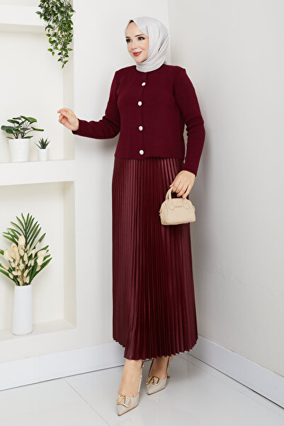 modapark.ist Women's Buttoned Front Knitwear Cardigan Pleated Skirt Set