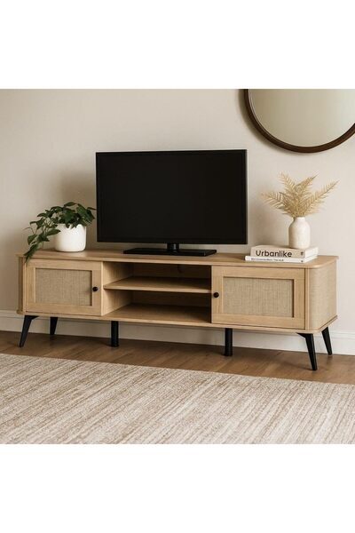 Crestj Wooden TV Table with Modern Design and Sliding Side Doors, Open Central Shelves, Wooden Color, Dimen