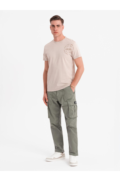 OMBRE Ανδρικό βαμβακερό μπλουζάκι με τυπωμένο σχέδιο σε στρατιωτικό στιλ - μπεζ V1 OM-TSWT-0202 S