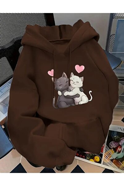 ORVIO Group Women's Oversize Cat Printed Hoodie