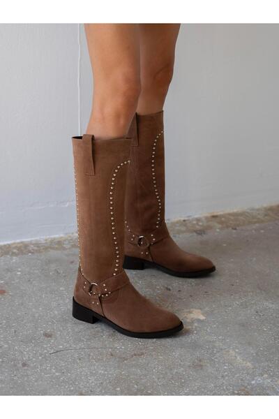 ECENİN BUTİĞİ Faren Camel Süet Zımbalı Hakiki Deri Kadın Çizme