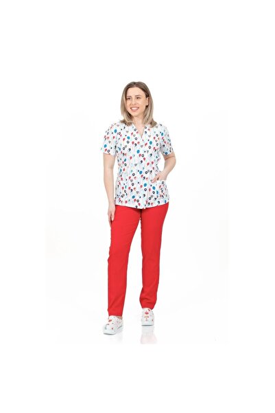 DEMOTEKS Kimono Medical Blouse, White with Print, Women - Balloons Medical Uniform Model