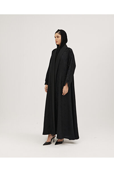 SOROSE SA عباية كتان مشجر كلوش بياقة طولية - تصميم لف بلون أسود