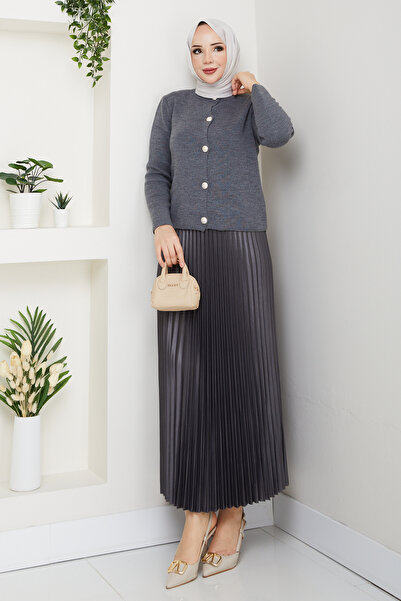 modapark.ist Γυναικείο Σετ Πλεκτό Ζακέτα με Κουμπιά μπροστά και Πλισέ Φούστα