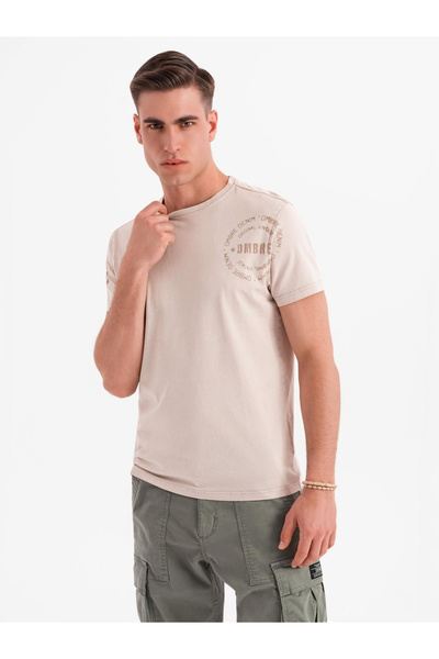 OMBRE Ανδρικό βαμβακερό μπλουζάκι με τυπωμένο σχέδιο σε στρατιωτικό στιλ - μπεζ V1 OM-TSWT-0202 S