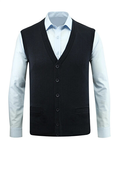 Çizgi Triko Men's Plus Size Buttoned Vest Knitwear with Pockets Steel Knit Classic Fit - 5200lb