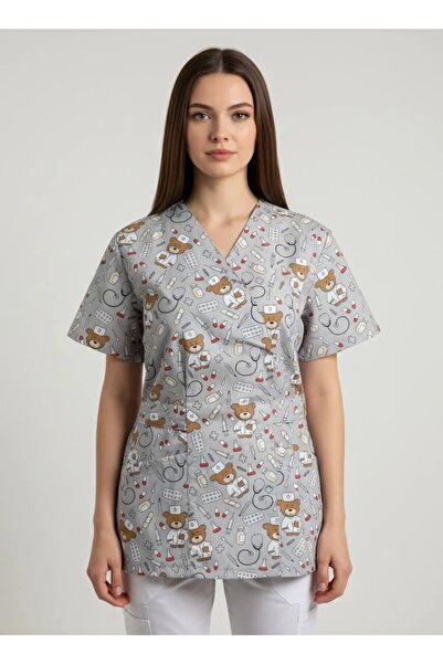 DEMOTEKS Bluza Medicala Kimono, Gri cu Imprimeu, Femei - Model Uniforma Medic...