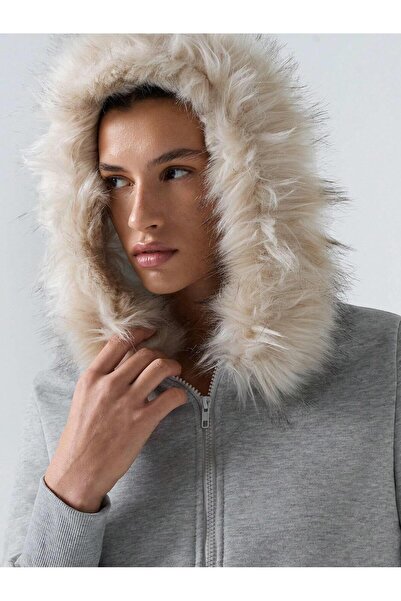Afri Hanorac gri pentru femei cu fermoar cu glugă Swea tricou – Glugă cu blană, buzunare, potrivire confortabilă