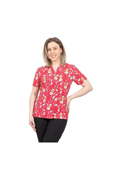 DEMOTEKS Kimono medical blouse, red with print, women - Medical Uniform Model - Teddy Bear
