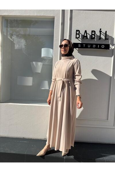 MissWhence 38803 Stitching Detailed Turn-Down Collar Women's Dress Ecru