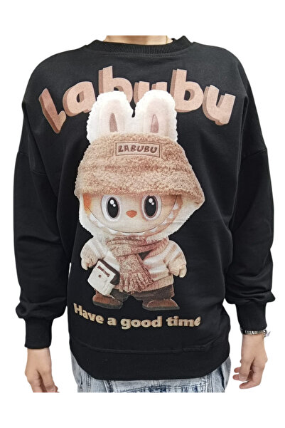 İrem Çocuk Giyim سويت شيرت أسود كبير الحجم منقوش بطبعة لابوبو للأولاد/البنات