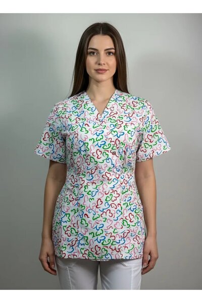 DEMOTEKS Kimono Medical Blouse, White with Print, Women - Multicolor Hearts Medical Uniform Model