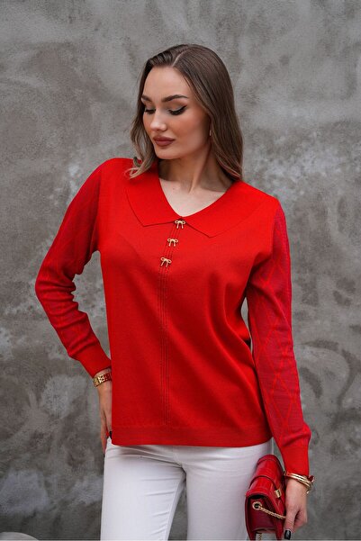 AGORATEKSTİL Women's Collared Sleeves Mercerized Knitwear Sweater