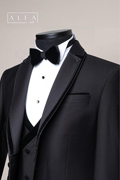 ALFA SUIT Erkek damatlık mono yaka kadife detaylı taşlı