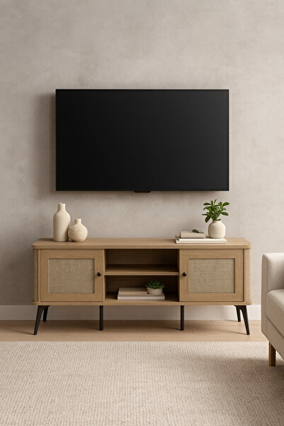 MARIA HOMES حامل تلفزيون مع مساحة تخزين | خزانة تلفزيون عصرية مع أرفف وأبواب جانبية | ١٦٠×٤٠×٥٠ سم