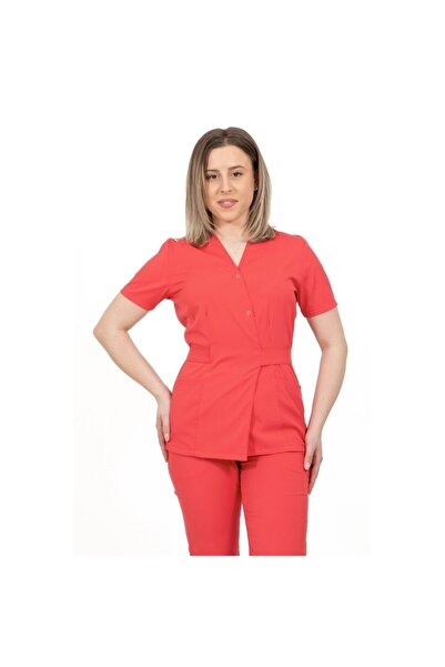 DEMOTEKS Women's Elastane Kimono Medical Blouse, Medical Uniform, Coral Red Color
