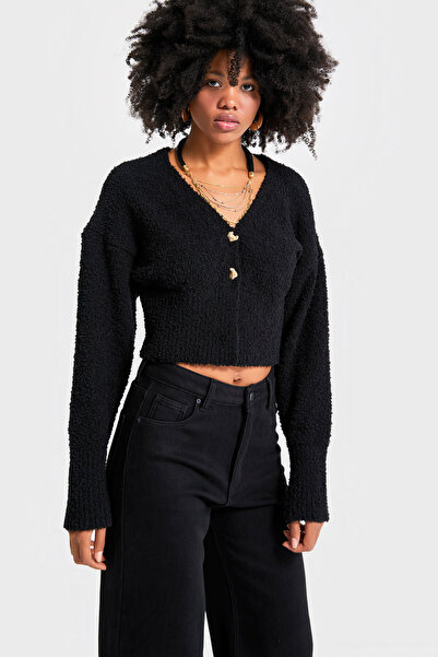 its basic Women's Black Color W5-1 Accessory Detailed Tasseled Fabric Sweater Cardigan