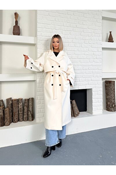 LE CARAMBOLE Γυναικείο παλτό Premium Long Cashmere με κρεμ μανίκια και επιλέκτρια στον ώμο