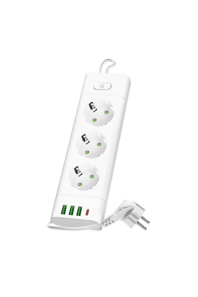 Kobi Extension cord LINEA PRO XC, with switch, 3 sockets, 3m, 3xUSB A, 1xUSB-C, 3250W, white