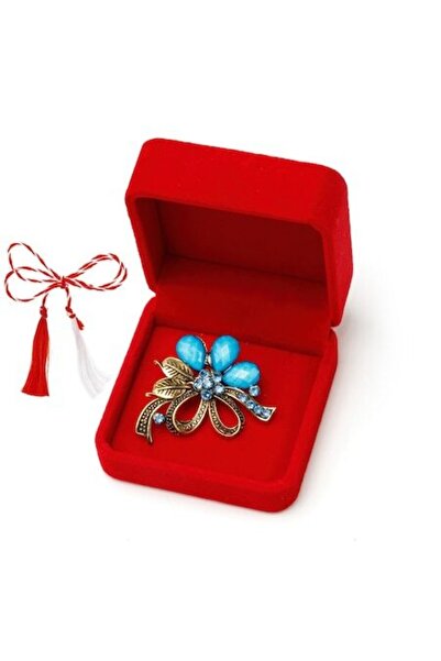 OEM Broșă vintage cu pietre fațetate în cutie de catifea, albastră