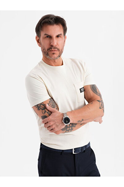 OMBRE Ανδρικό casual μπλουζάκι με τσέπη - κρεμ V8 OM-TSCT-0109 XXL