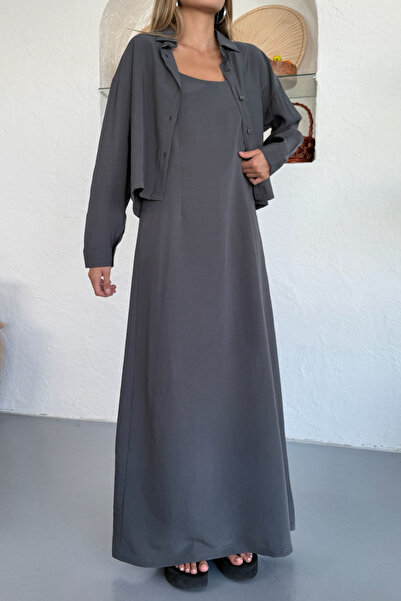 adba style Kadın Lyocell Dokuma Ayarlanabilir Askılı Bolerolu Elbise Takım 4046