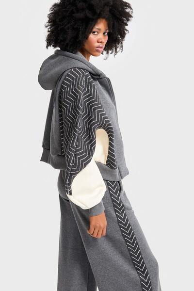 its basic Жіночий сірий колір w5-45 Світшот з капюшоном Полярний спортивний костюм 2-комплектний Комбінований дизайн Тканина