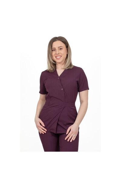 DEMOTEKS Bluza Medicala Kimono Elastan Pentru Femei, Uniforma Medicala, Culoarea Grena - Sour Cherry