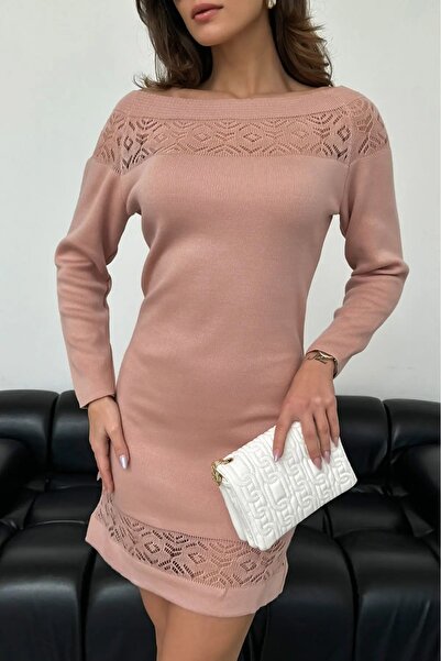 TRQOM Women's Mini Knitwear Dress Lace Collar Long Sleeve Trend Powder